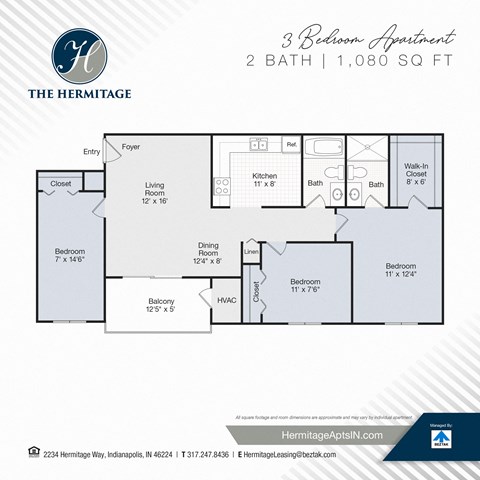 Floor plan for 3 beds, 2 baths, 1080 sqft